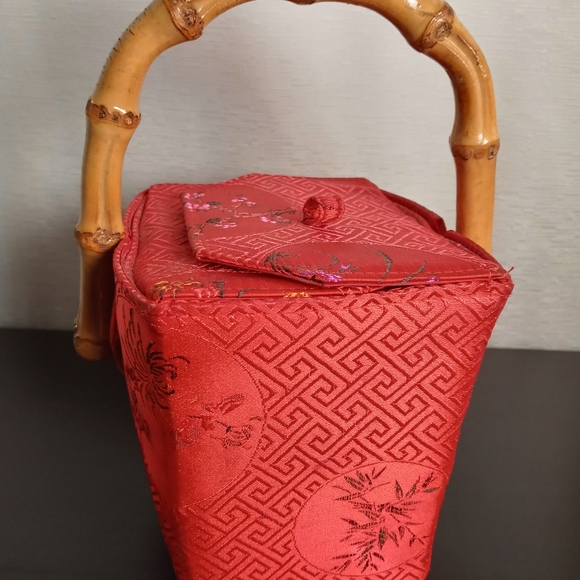 Tozai Bags Vintage Red Silk Floral Chinese Take Out Box Purse Handbag With Bamboo Handle